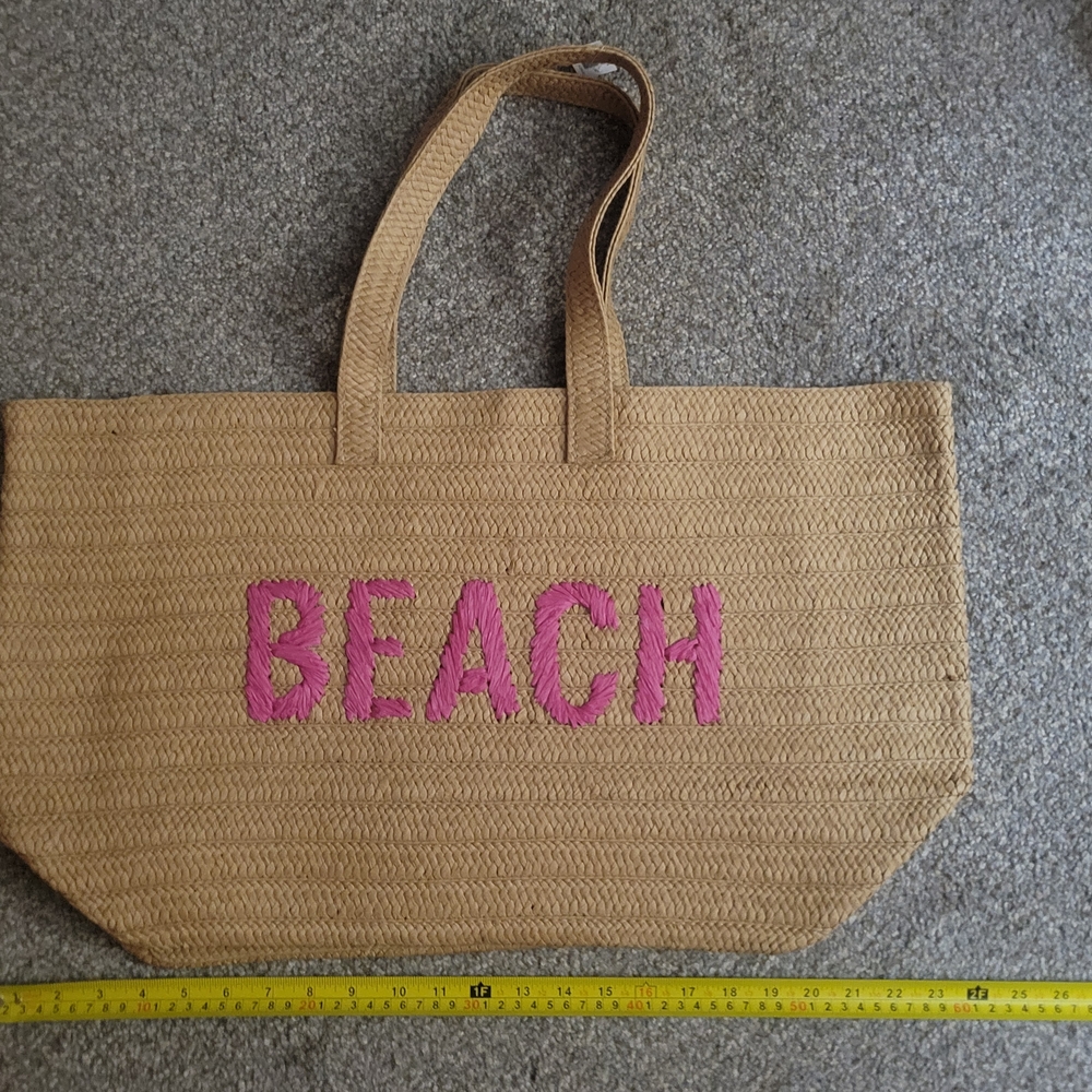 Pink 'BEACH' Straw Tote Beach Pool Vacation Bag 2 Feet Long! New With Tags